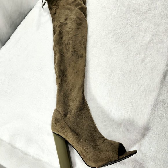 So Me Olive Green Open Toe Stretch Stocking OTK Thigh Boots 4" Chunky Heel - Picture 1 of 7